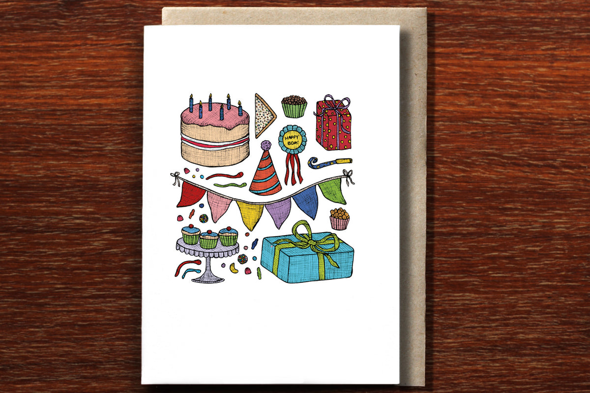 Birthday Party greeting card with envelope on wooden backdrop